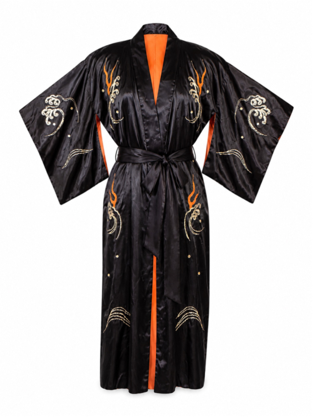 Vintage Japanese Souvenir Kimono Robe Double Dragon Embroidered Satin Black 41” - Picture 1 of 11